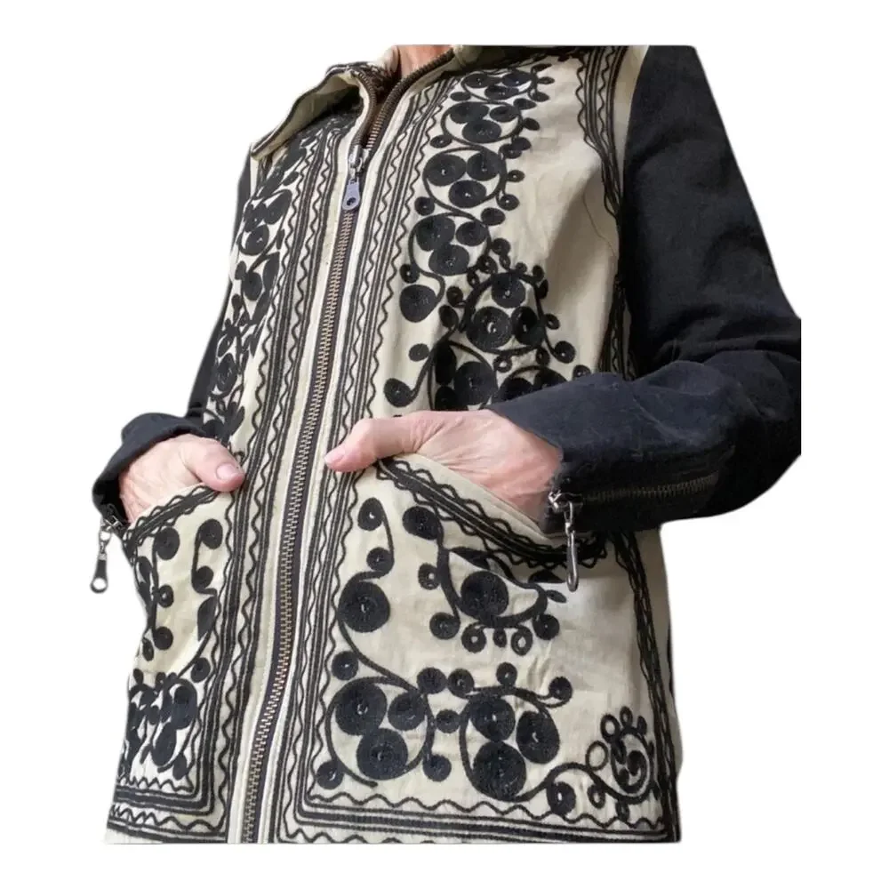 Free People Stitched Quills Embroidered Cream Black Jacket Boho Small Western
